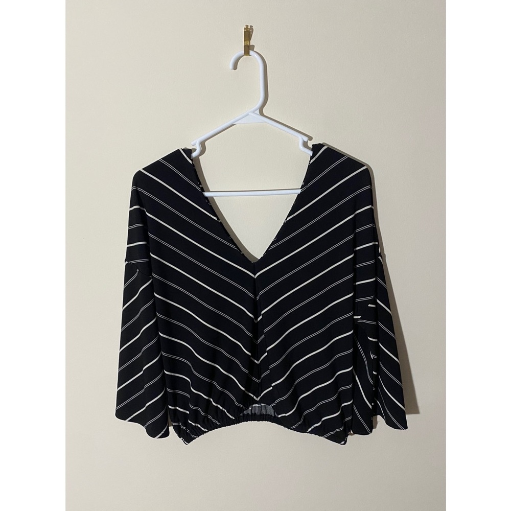 Express One Eleven black/white striped bell sleeve cropped blouse XS